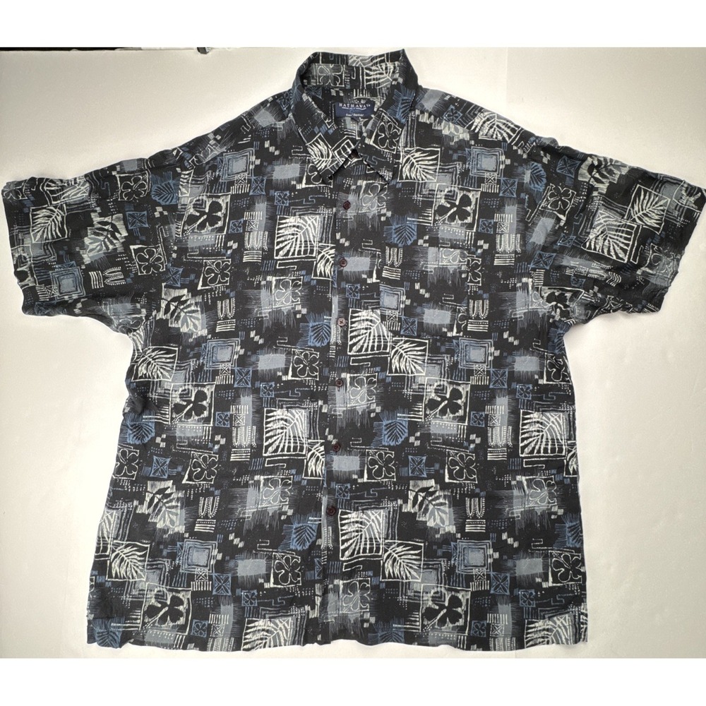 Hathaway Shirt Short Sleeve Abstract Tropical Leaf Print XXL Black Grey Rayon